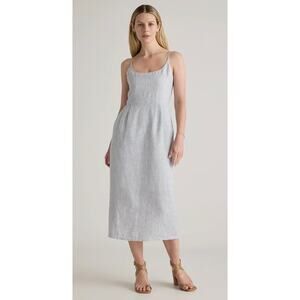 Quince 100% European Linen Scoop Neck Midi Dress in Blue Pinstripe Size L